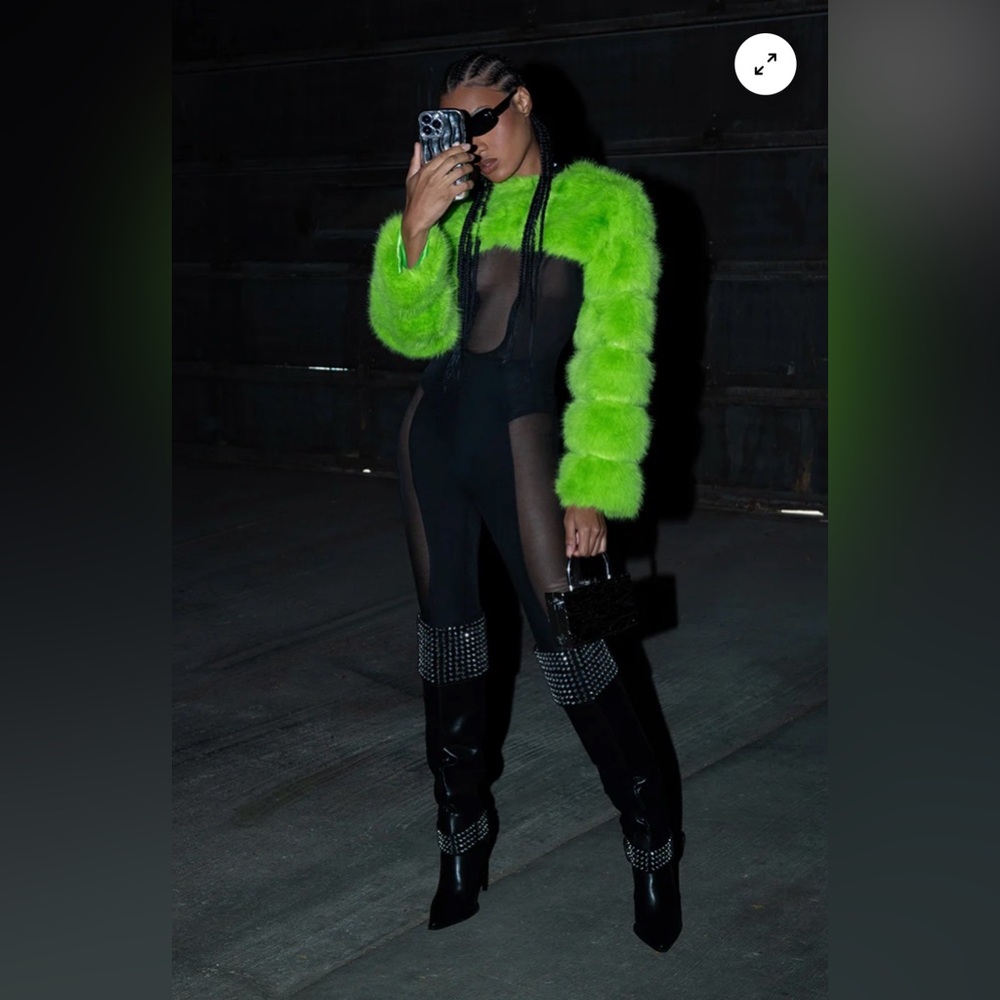 Neon Green Faux Fur Bolero Shrug Jacket - Picture 5 of 8
